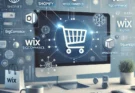 A modern e-commerce themed image with various online store platforms displayed on a computer screen. Icons for Shopify, WooCommerce, BigCommerce, Mage