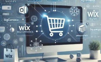 A modern e-commerce themed image with various online store platforms displayed on a computer screen. Icons for Shopify, WooCommerce, BigCommerce, Mage