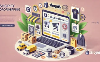 A professional and eye-catching feature image for a blog article on Shopify dropshipping. The image should feature an e-commerce store interface with