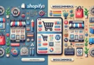 A digital illustration comparing Shopify and WooCommerce platforms. The image features a split screen layout with Shopify represented by its logo, sto