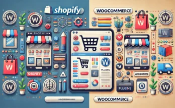 A digital illustration comparing Shopify and WooCommerce platforms. The image features a split screen layout with Shopify represented by its logo, sto