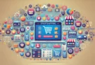 A vibrant digital illustration showcasing various dropshipping tools and apps. The image includes icons representing e-commerce platforms, analytics,