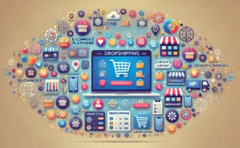 A vibrant digital illustration showcasing various dropshipping tools and apps. The image includes icons representing e-commerce platforms, analytics,