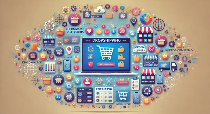 A vibrant digital illustration showcasing various dropshipping tools and apps. The image includes icons representing e-commerce platforms, analytics,